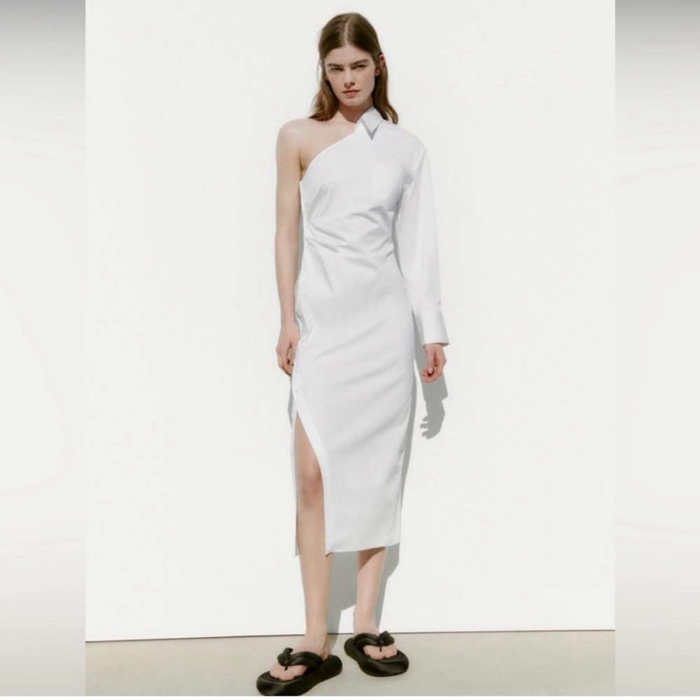 Zara White Asymmetrical One-Shoulder Midi Dress
